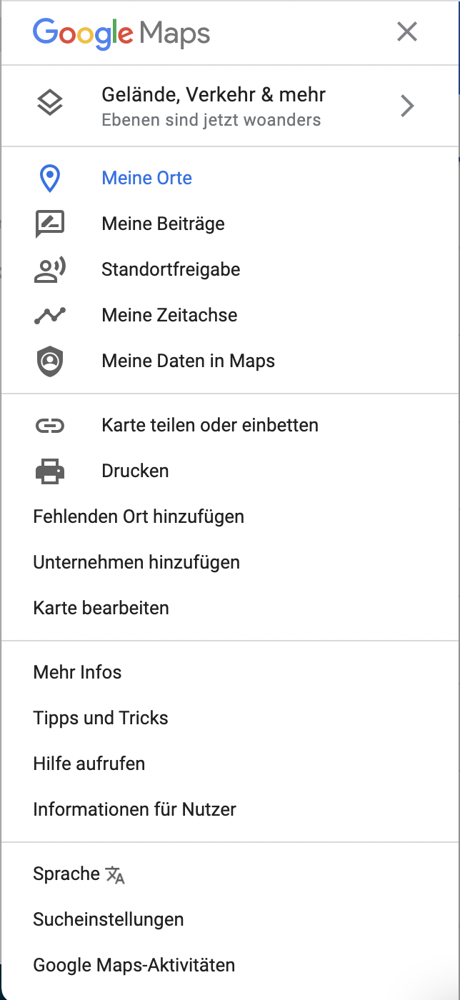 Menü von Google Maps