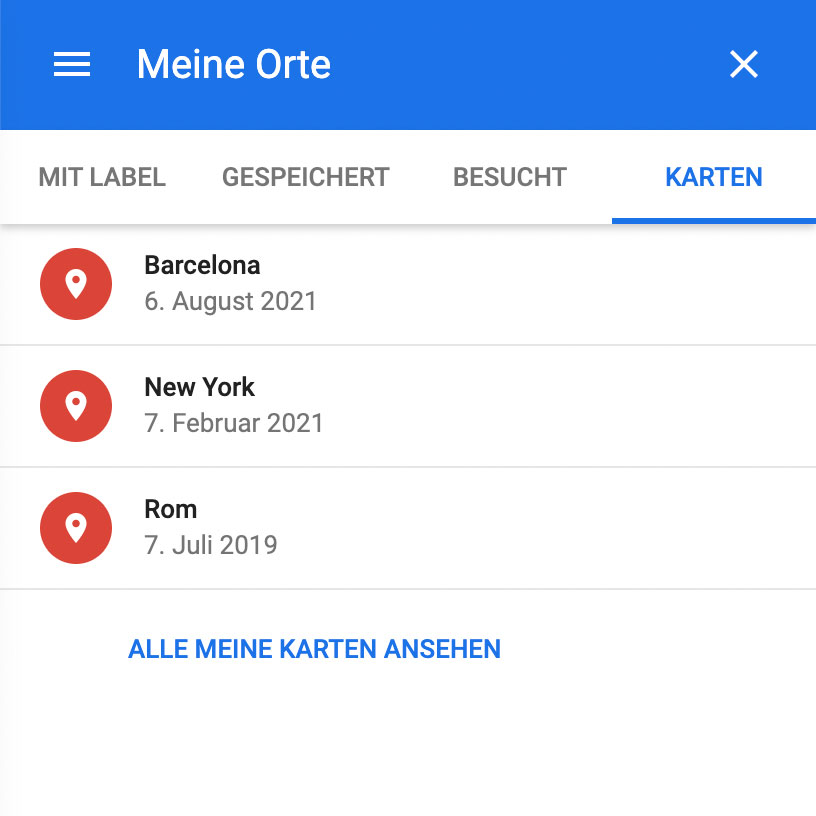 Google Maps - Meine Orte - Karten